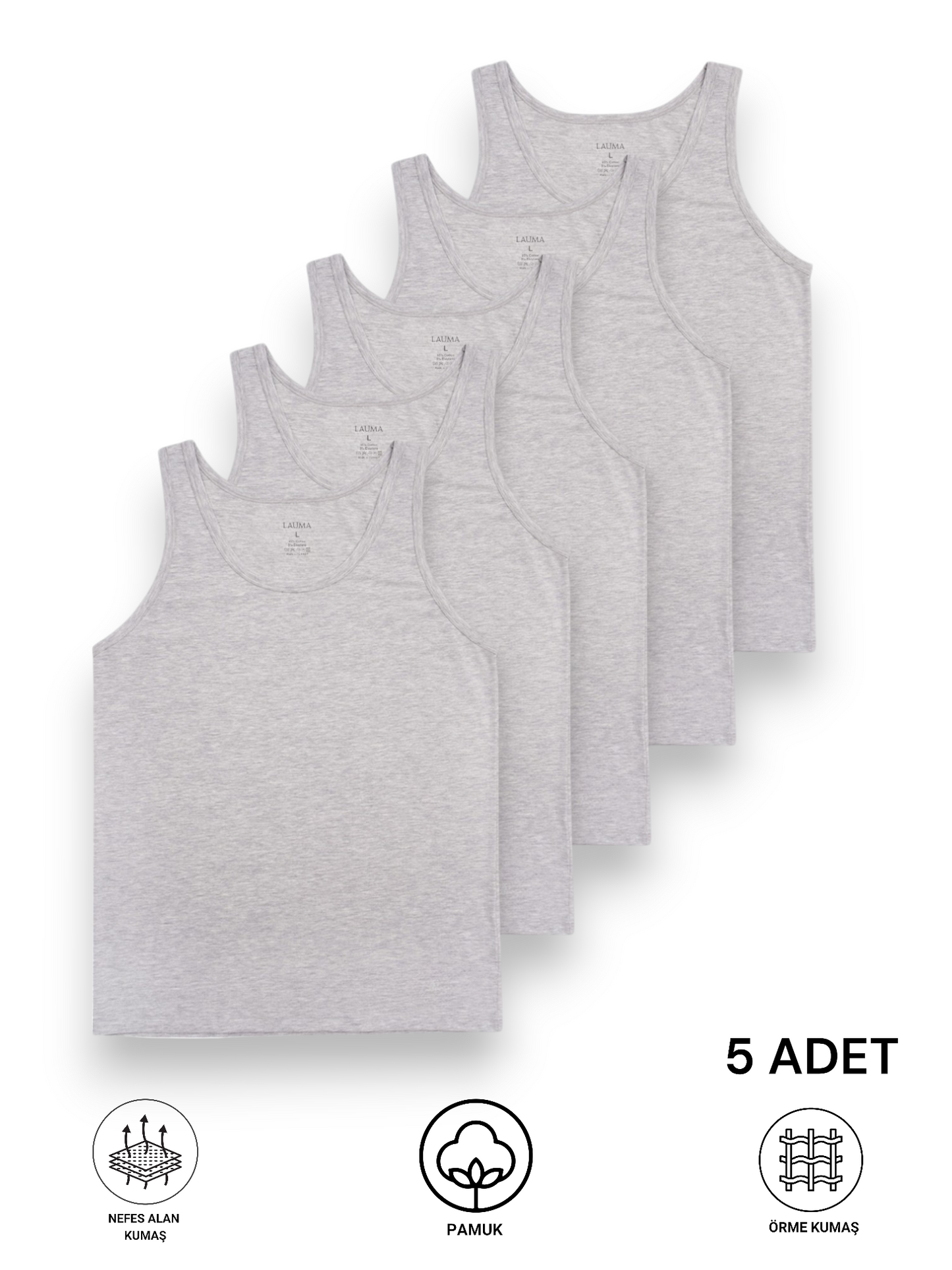 Erkek Gri 5'li Geniş Yaka Penye Atlet