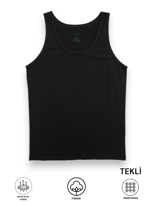 Erkek Siyah Tekli Geniş Yaka Penye Atlet